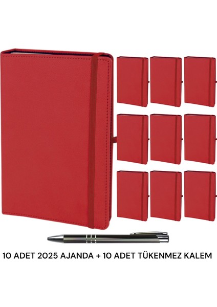 10 Adet 2025 Spiralli Ajanda Lastikli Kalem Takılabilir Tarihli Defter Kırmızı 17X24 Tükenmez Kalem