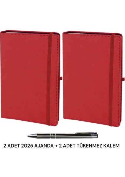 Oranlı Promosyon 2 Adet 2025 Spiralli Ajanda Lastikli Kalem Takılabilir Tarihli Defter Kırmızı 17X24 Tükenmez Kalem