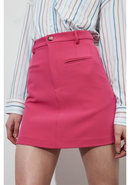 Cep Detaylı Pembe Mini Etek