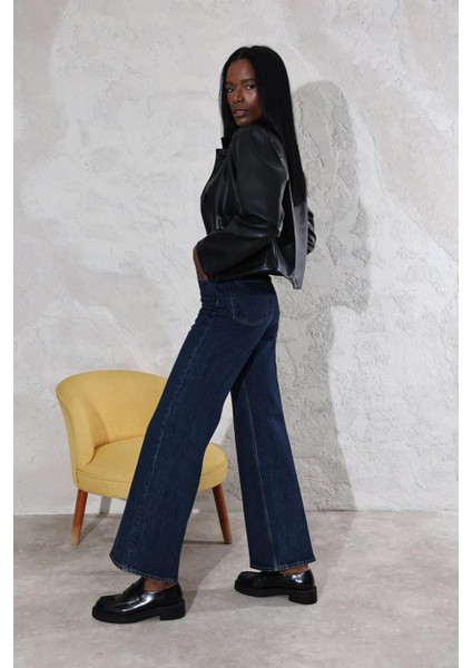 Koyu Lacivert Yüksek Bel Wide Leg Jean