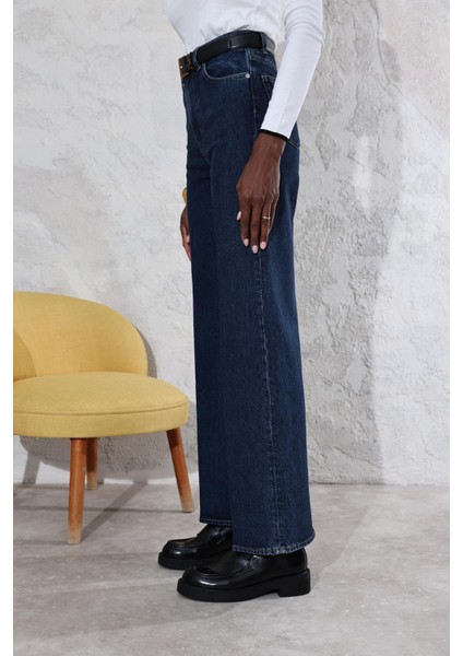 Koyu Lacivert Yüksek Bel Wide Leg Jean