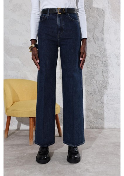 Koyu Lacivert Yüksek Bel Wide Leg Jean