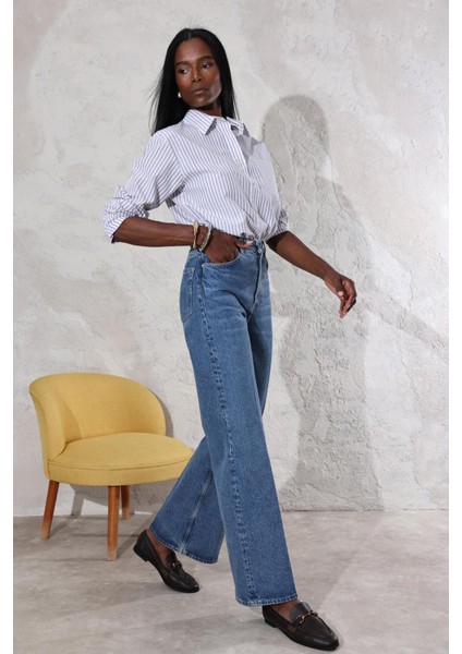 Mavi Yüksek Bel Wide Leg Jean