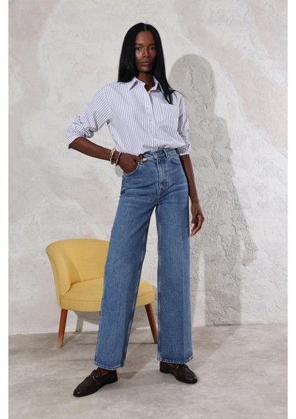 Mavi Yüksek Bel Wide Leg Jean