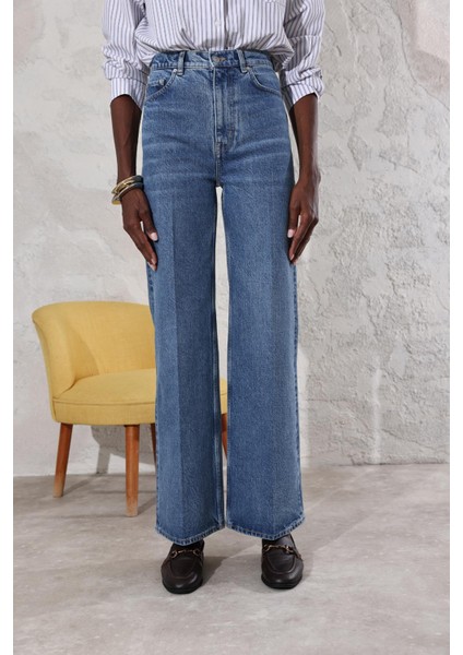 Mavi Yüksek Bel Wide Leg Jean