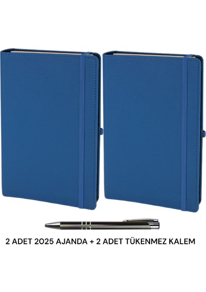 Oranlı Promosyon 2 Adet 2025 Spiralli Ajanda Lastikli Kalem Takılabilir Tarihli Defter Lacivert 17X24 Tükenmez Kalem