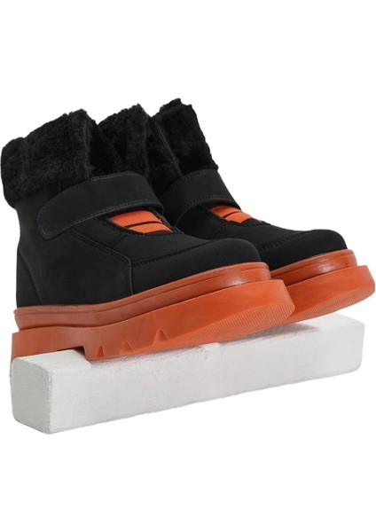 Kaymaz Kalın Taban Kürklü Cırtlı Çocuk Bot SİYAH - TURUNCU fırsatları