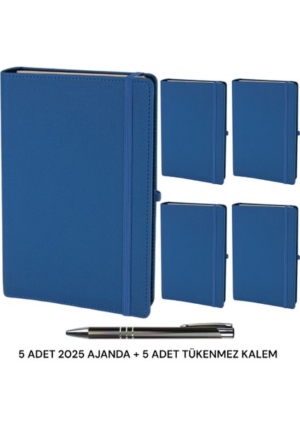 Oranlı Promosyon 5 Adet 2025 Spiralli Ajanda Lastikli Kalem Takılabilir Tarihli Defter Lacivert 17X24 Tükenmez Kalem