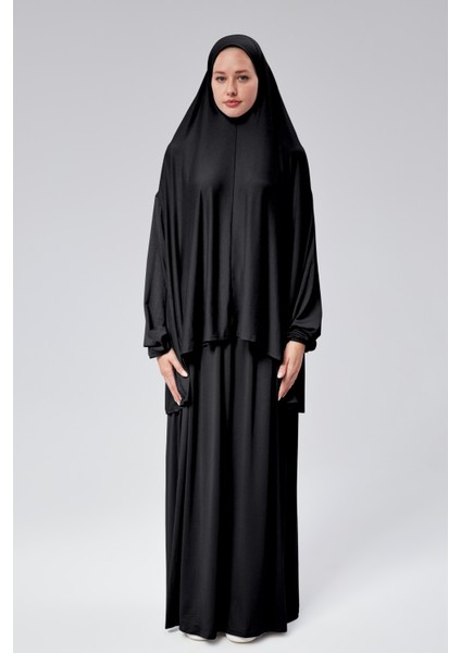 Kadın Iki Parça Namaz Elbisesi Başörtülü Organik Pamuklu Lastikli Kolu Kaymaz Etek Penye Tesettür Siyah