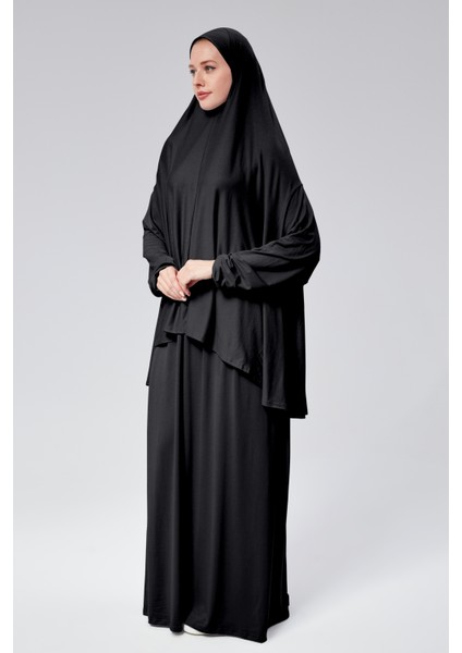 Kadın Iki Parça Namaz Elbisesi Başörtülü Organik Pamuklu Lastikli Kolu Kaymaz Etek Penye Tesettür Siyah modelleri