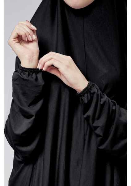 Kadın Iki Parça Namaz Elbisesi Başörtülü Organik Pamuklu Lastikli Kolu Kaymaz Etek Penye Tesettür Siyah