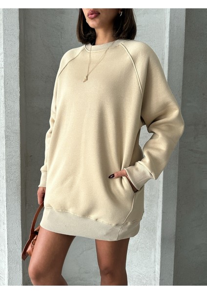 SWT-14271 Vizon Cepli Oversize Üç Iplik Kapüşonlu Basic Sweatshirt