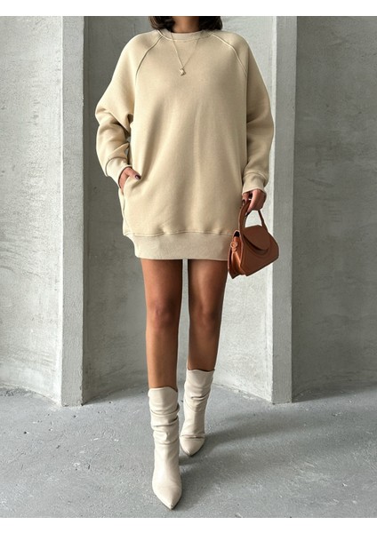 SWT-14271 Vizon Cepli Oversize Üç Iplik Kapüşonlu Basic Sweatshirt