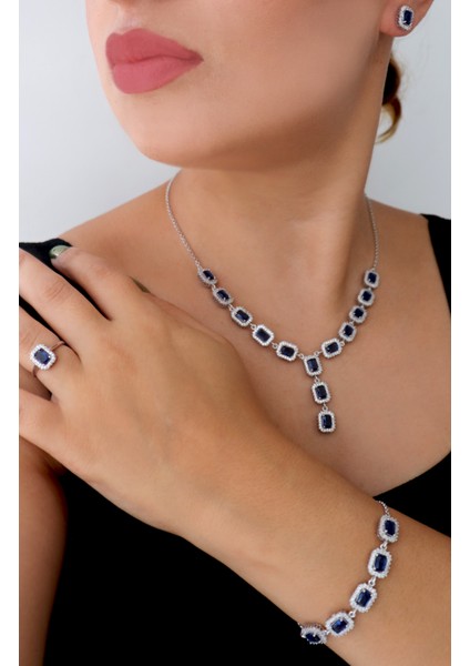 925 Ayar Gümüş Safir Baget Taşlı Pırlanta Montür Takı Seti fiyatları