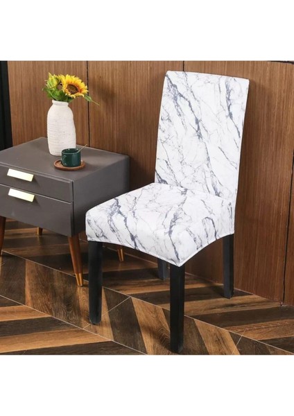 Beyaz Mermer Desenli Standart Sandalye Kılıfı 6 Adet Likralı Lastikli Kadife Kumaş