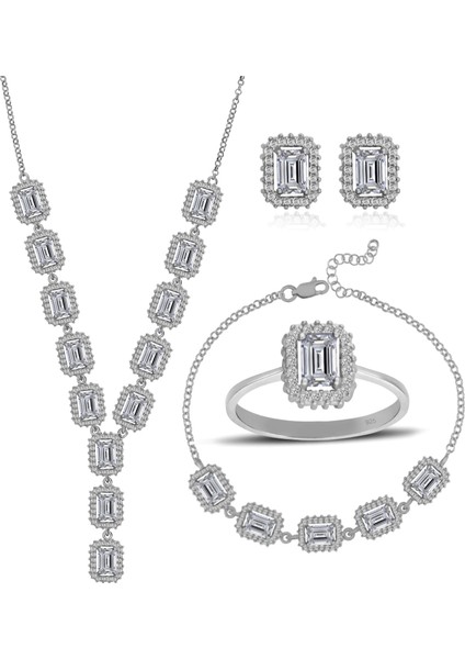 925 Ayar Gümüş Beyaz Baget Taşlı Pırlanta Montür Takı Seti