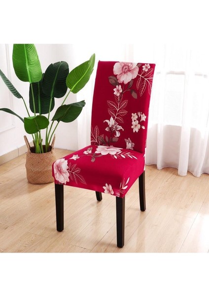 Çiçek Desenli Dijital Kadife Kumaş Standart Sandalye Kılıfı 6 Adet Örtü Kırmızı Renk
