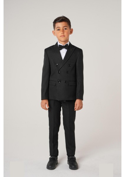 Erkek Çocuk Kruvaze Yaka Altı Düğmeli Siyah Takım Elbise