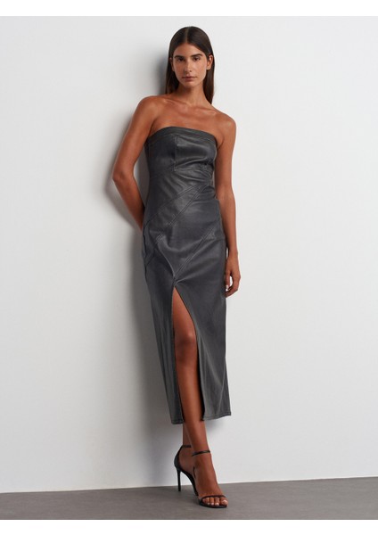 90813 Dikiş Detaylı Straplez Suni Deri Elbise-Siyah-Gri modelleri