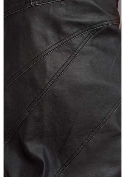 90813 Dikiş Detaylı Straplez Suni Deri Elbise-Siyah-Gri fırsatları