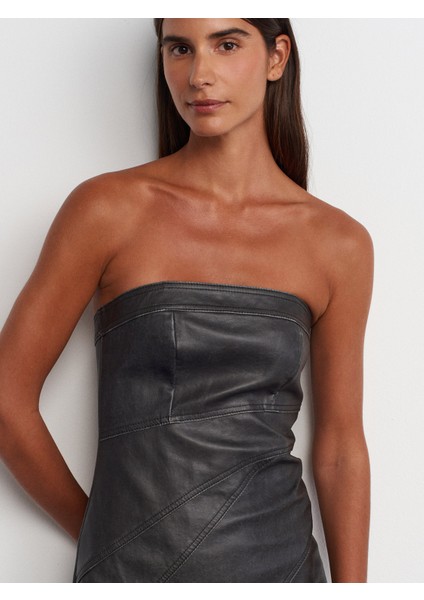 90813 Dikiş Detaylı Straplez Suni Deri Elbise-Siyah-Gri indirimleri
