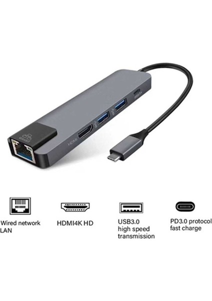 Macbook Uyumlu USB Type-C 4K HDMi / Ethernet 5in1 Çevirici Çoklayıcı Hub