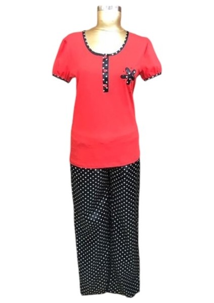 2307-Kadın Satenli Puantiyeli Pijama Takımı-Kırmızı modelleri