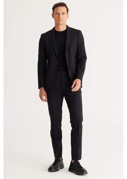 ALTINYILDIZ CLASSICS Erkek Siyah Slim Fit Dar Kesim Kırlangıç Yaka Cordura Kumaş Desenli Yünlü Takım Elbise