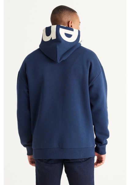Erkek Lacivert Oversize Fit Bol Kesim Kapüşonlu İçi Polarlı Pamuklu Kapüşonlu Sweatshirt