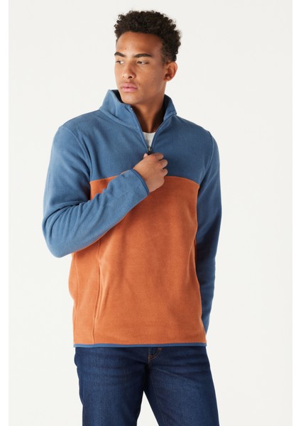 Erkek Indıgo-kıremıt Standart Fit Normal Kesim Günlük Rahat Çift Renkli Polar Spor Sweatshirt