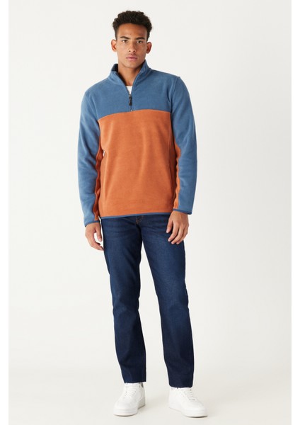 Erkek Indıgo-kıremıt Standart Fit Normal Kesim Günlük Rahat Çift Renkli Polar Spor Sweatshirt