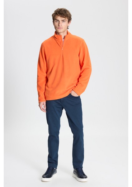 Erkek Turuncu Anti-pilling Tüylenme Yapmayan Standart Fit Dik Yaka Soğuk Geçirmez Polar Sweatshirt