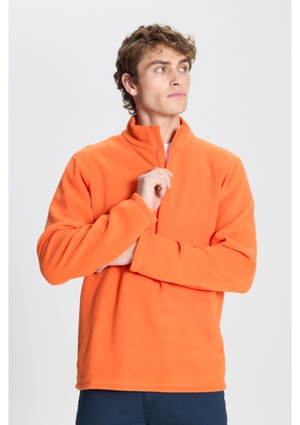 Erkek Turuncu Anti-pilling Tüylenme Yapmayan Standart Fit Dik Yaka Soğuk Geçirmez Polar Sweatshirt