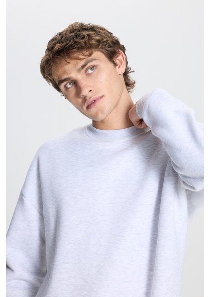 Erkek Kar Melanj Standart Fit Normal Kesim Içi Polarlı 3 Iplik Bisiklet Yaka Sweatshirt