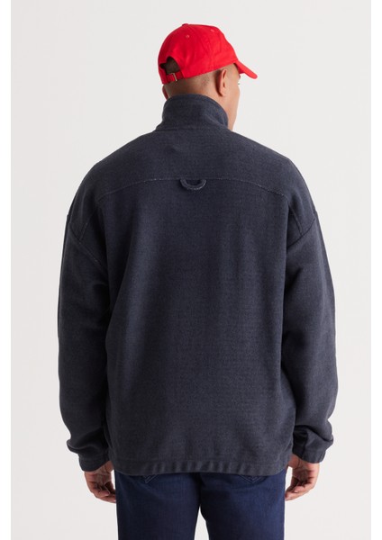 AC&Co / Altınyıldız Classics Erkek Indigo Melanj Loose Fit Içi Polarlı Iplik Dik Bato Yaka Pamuklu Sweatshirt