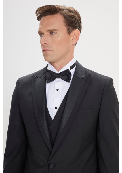 ALTINYILDIZ CLASSICS Erkek Siyah Slim Fit Dar Kesim Kırlangıç Yaka Klasik Düz Yelekli Smokin Takım