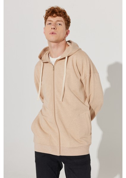 ALTINYILDIZ CLASSICS Erkek Sütlü Kahve Oversize Fit Bol Kesim Kapüşonlu Yaka %100 Pamuk Fermuarlı Sweatshirt