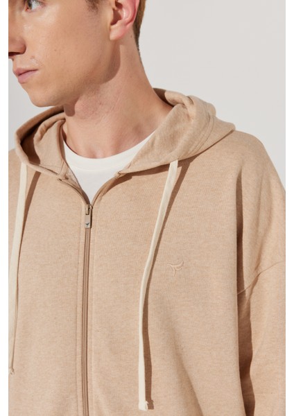 ALTINYILDIZ CLASSICS Erkek Sütlü Kahve Oversize Fit Bol Kesim Kapüşonlu Yaka %100 Pamuk Fermuarlı Sweatshirt