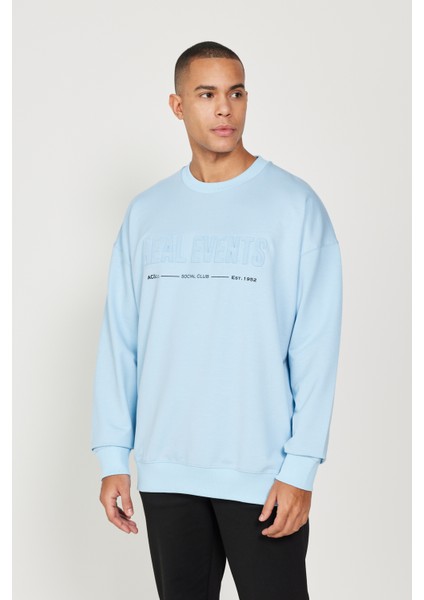 Erkek Mavi Oversize Bol Kesim Içi Polarlı 3 Iplik Bisiklet Yaka Pamuklu Sweatshirt