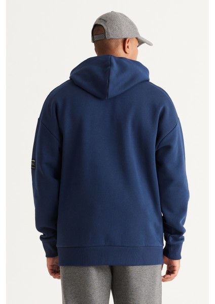 Erkek Lacivert Oversize Fit Bol Kesim Kapüşonlu Içi Polarlı 3 Iplik Pamuklu Sweatshirt