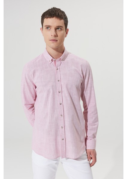 ALTINYILDIZ CLASSICS Erkek Bordo Slim Fit Dar Kesim Düğmeli Yaka Keten Görünümlü %100 Pamuk Flamlı Gömlek indirimleri