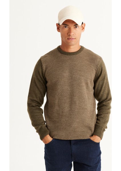 Erkek Hakı-bej Standart Fit Normal Kesim Bisiklet Yaka Petek Desenli Triko Kazak