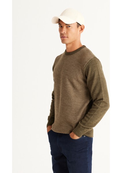 Erkek Hakı-bej Standart Fit Normal Kesim Bisiklet Yaka Petek Desenli Triko Kazak fiyatları