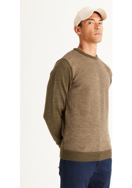 Erkek Hakı-bej Standart Fit Normal Kesim Bisiklet Yaka Petek Desenli Triko Kazak modelleri