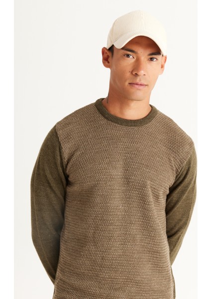 Erkek Hakı-bej Standart Fit Normal Kesim Bisiklet Yaka Petek Desenli Triko Kazak fırsatları