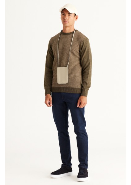 Erkek Hakı-bej Standart Fit Normal Kesim Bisiklet Yaka Petek Desenli Triko Kazak indirimleri