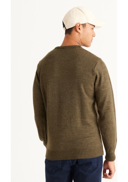 Erkek Hakı-bej Standart Fit Normal Kesim Bisiklet Yaka Petek Desenli Triko Kazak