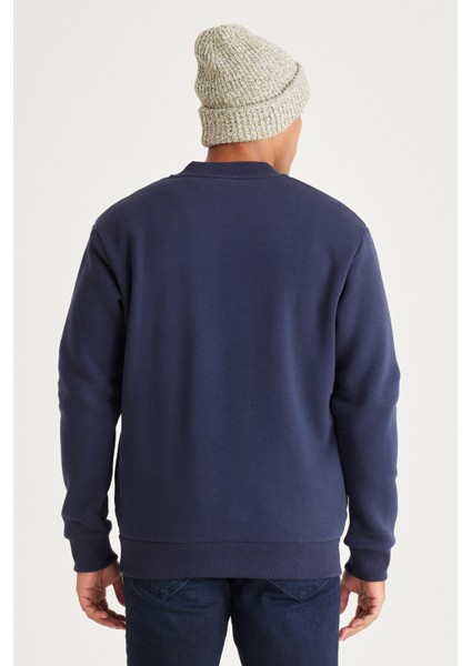 Erkek Lacivert Standart Fit Normal Kesim Içi Polarlı 3 Iplik Kolej Yaka Pamuklu Sweatshirt Ceket