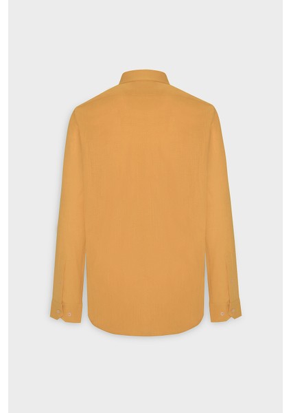 Erkek Turuncu Slim Fit Düğmeli Yaka Keten Görünümlü %100 Pamuk Flamlı Gömlek