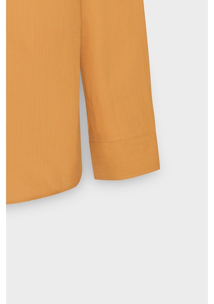 Erkek Turuncu Slim Fit Düğmeli Yaka Keten Görünümlü %100 Pamuk Flamlı Gömlek